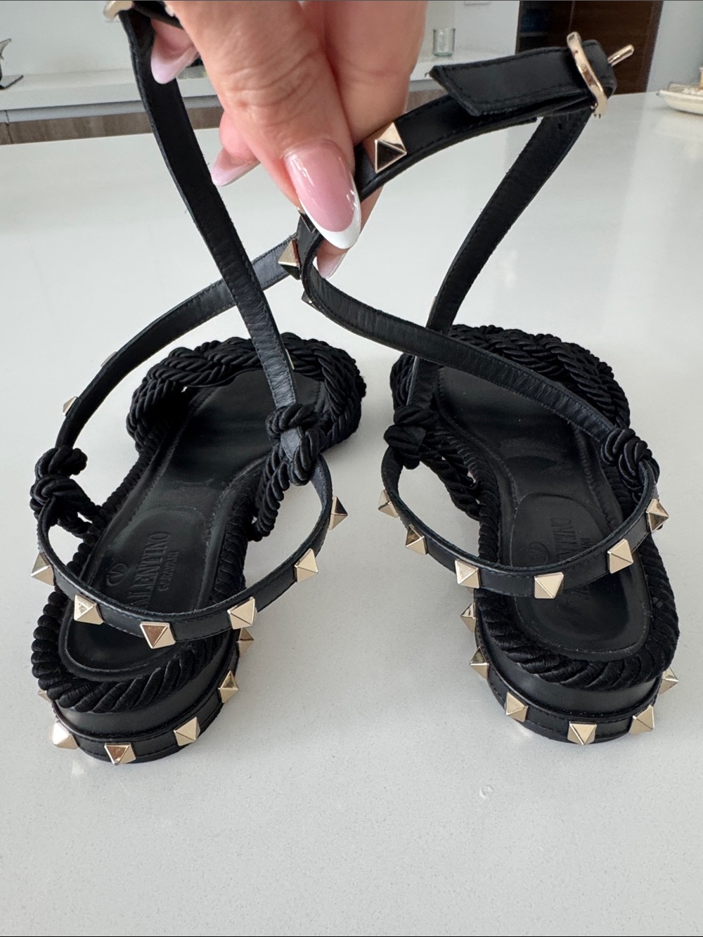 Valentino GARAVANI Studded Rope-Knot Black Women's Sandals - Picture 6 of 10